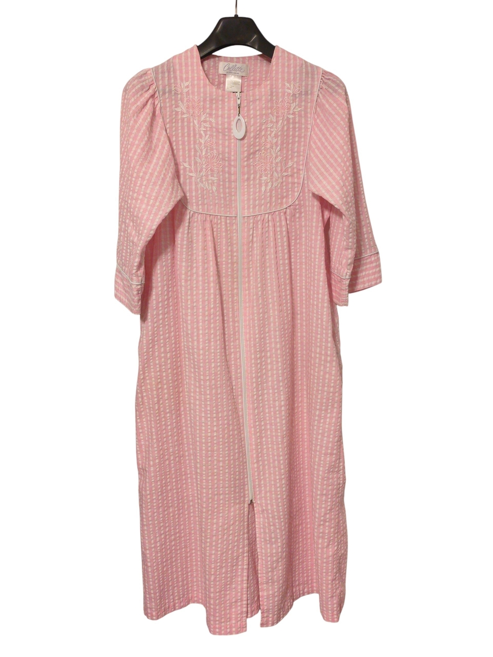 Colette by Miss Elaine Vintage Pink Striped Zip Housecoat Cotton M 3/4 Sleeve